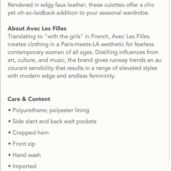 Anthropologie Avec Les Filles Davina Faux Leather Culottes-NWT - Picture 6 of 8